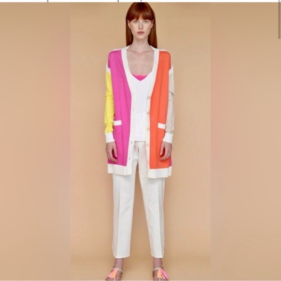 Vilagallo Color Block Long Cashmere Blend Cardigan (Yellow Pink Orange) Large